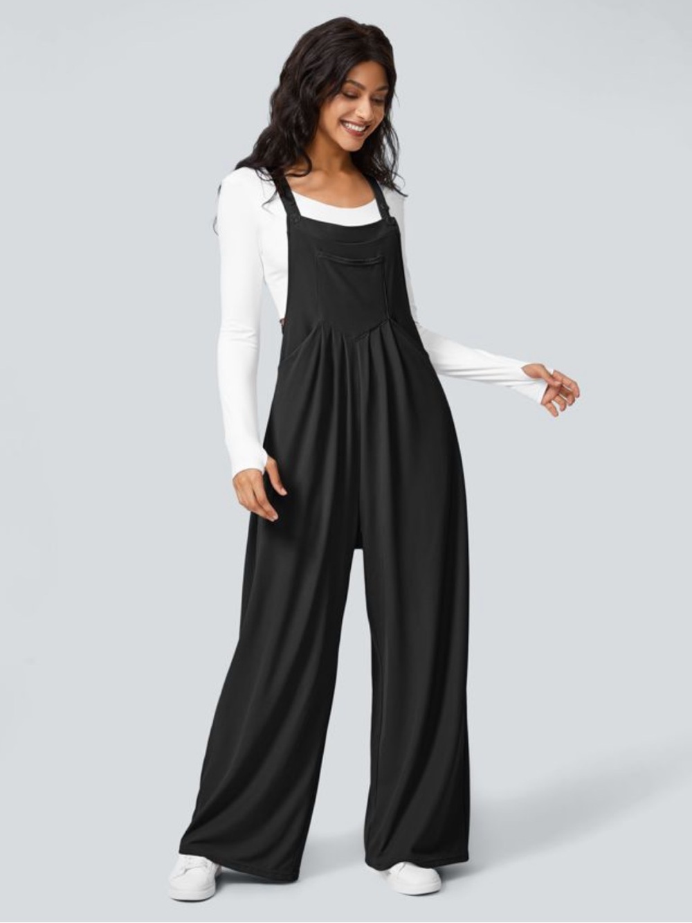 Halara Pockets Waffle Casual Overalls Wide-Leg Black